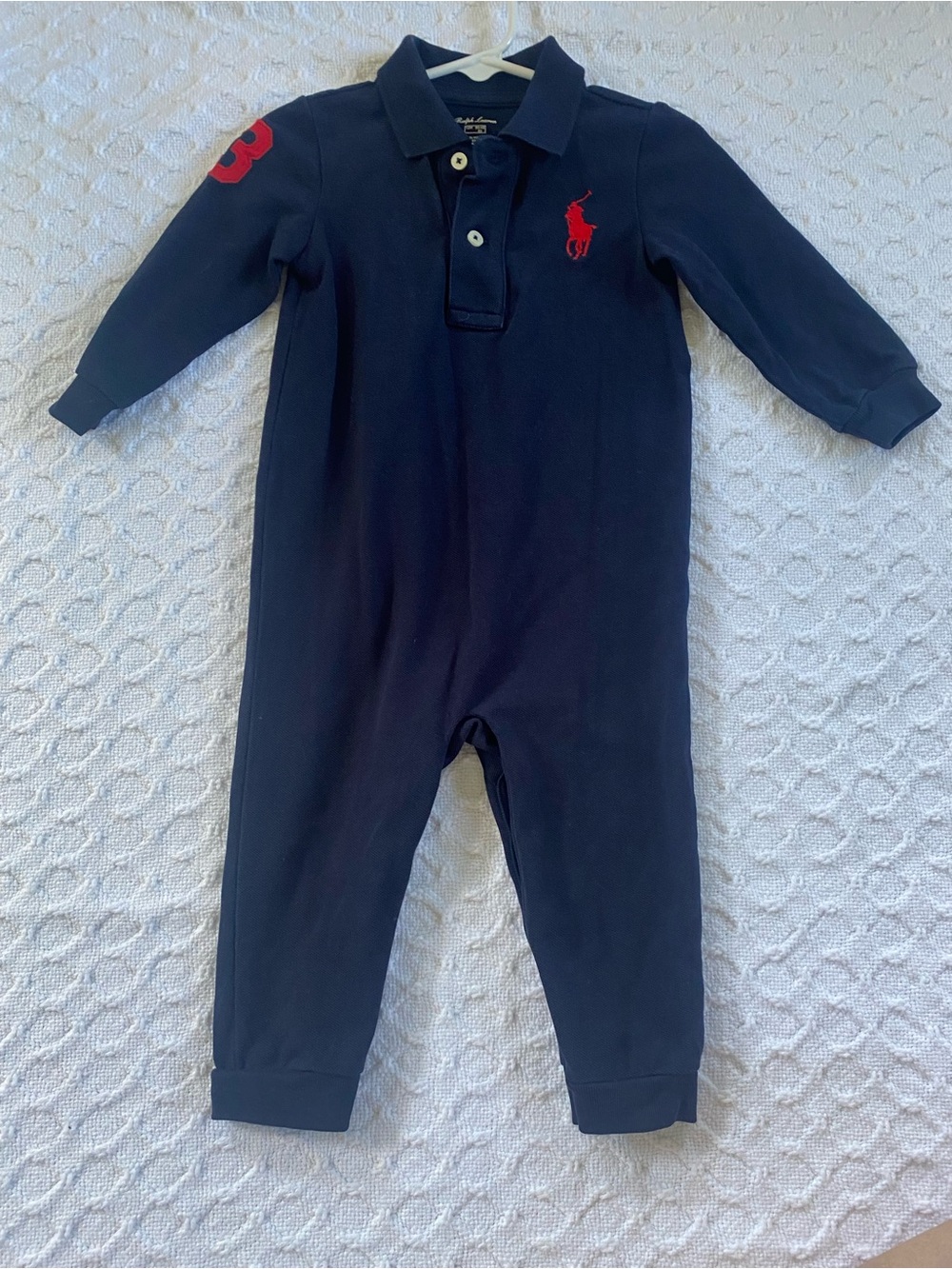 Ralph Lauren Baby Boy Red Big Pony Long Cotton Coverall 12M Navy